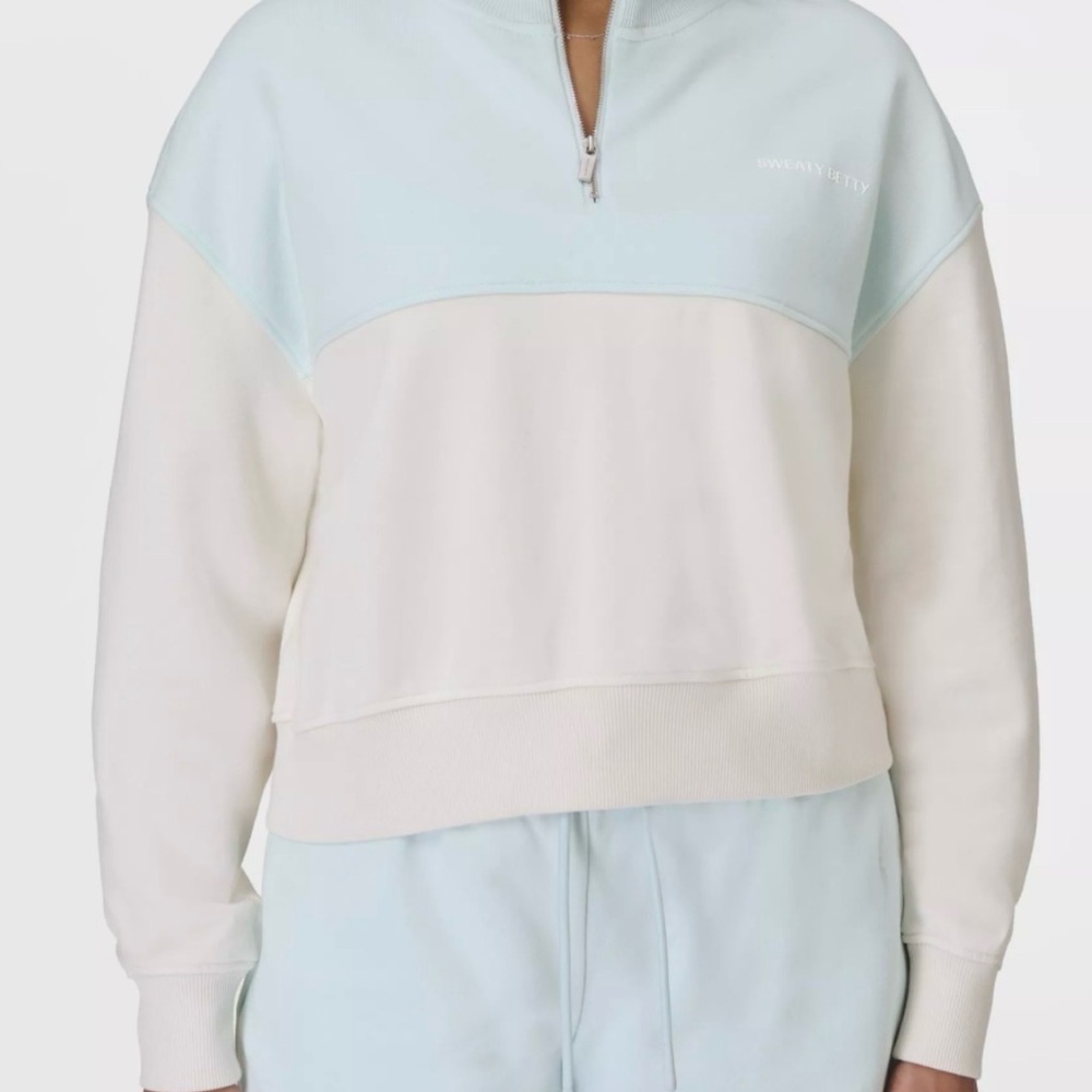 sweaty betty Colorblock Half-Zip Sweatshirt in Light Blue & Cream sz small